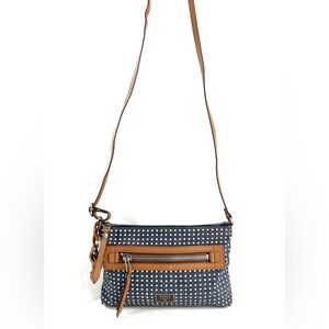 Fossil Navy Blue Polka Dots Canvas Small East West Crossbody Bag Purse Key Charm